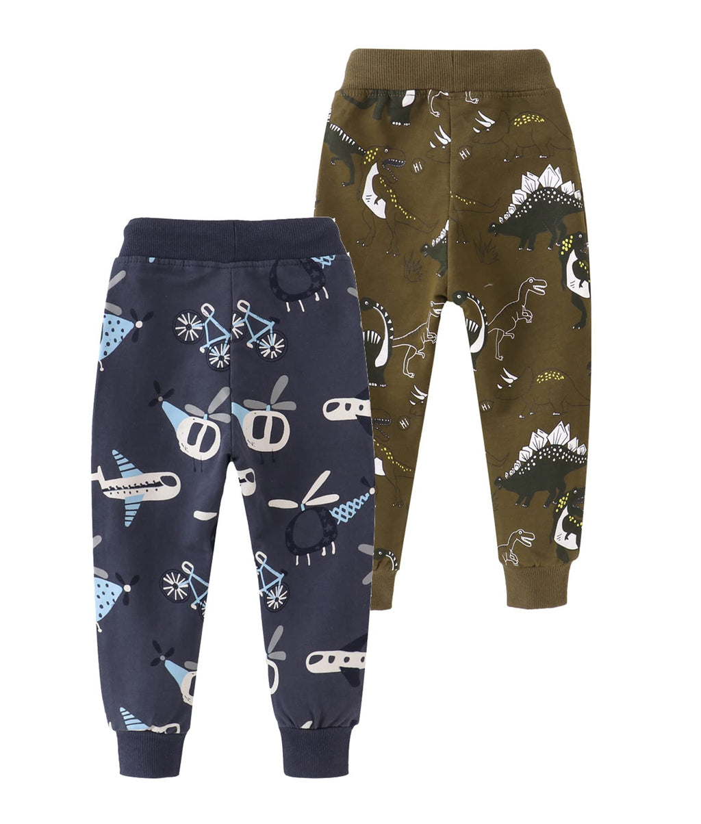 HUAER& Baby Boy's Jogger Pants Dinosaur Car Drawstring Elastic Sweatpants 2-Pack（Dinosaur + Airplane2 7Years