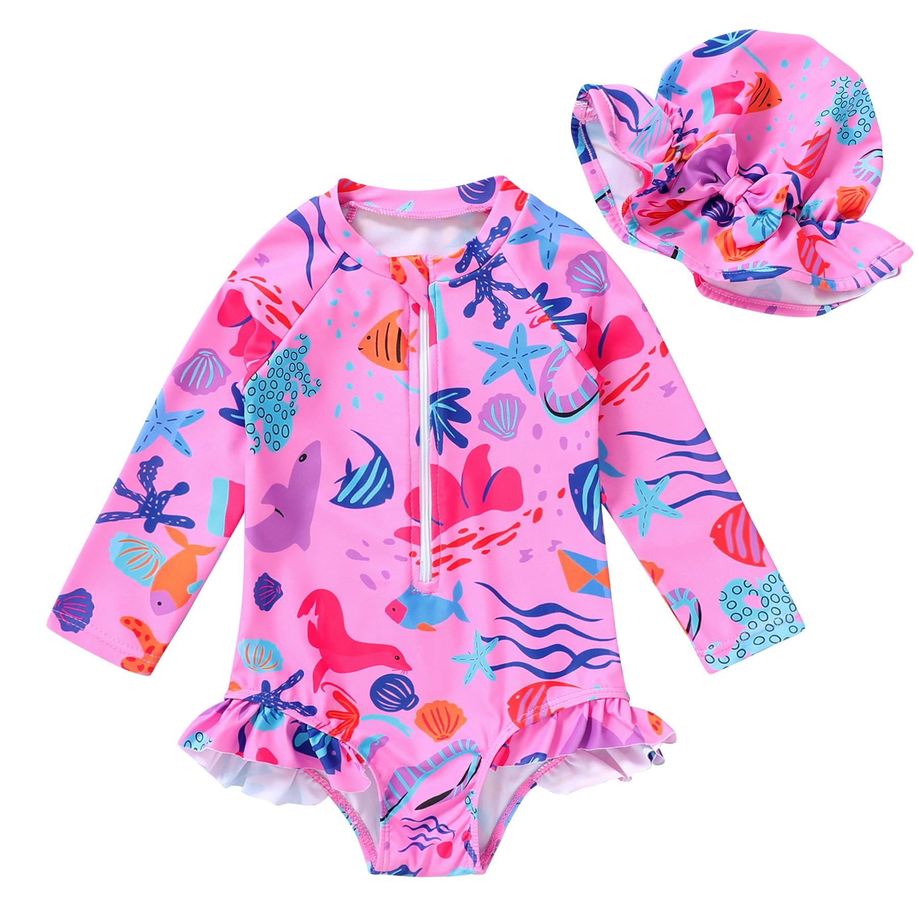 Infant Baby Girl Swimsuit One-Piece Long Sleeve Rash Guard with Hat Set Floral Zipper Bathing Suit Leopard Beach Wear(ROSEO, 12-18 Months)