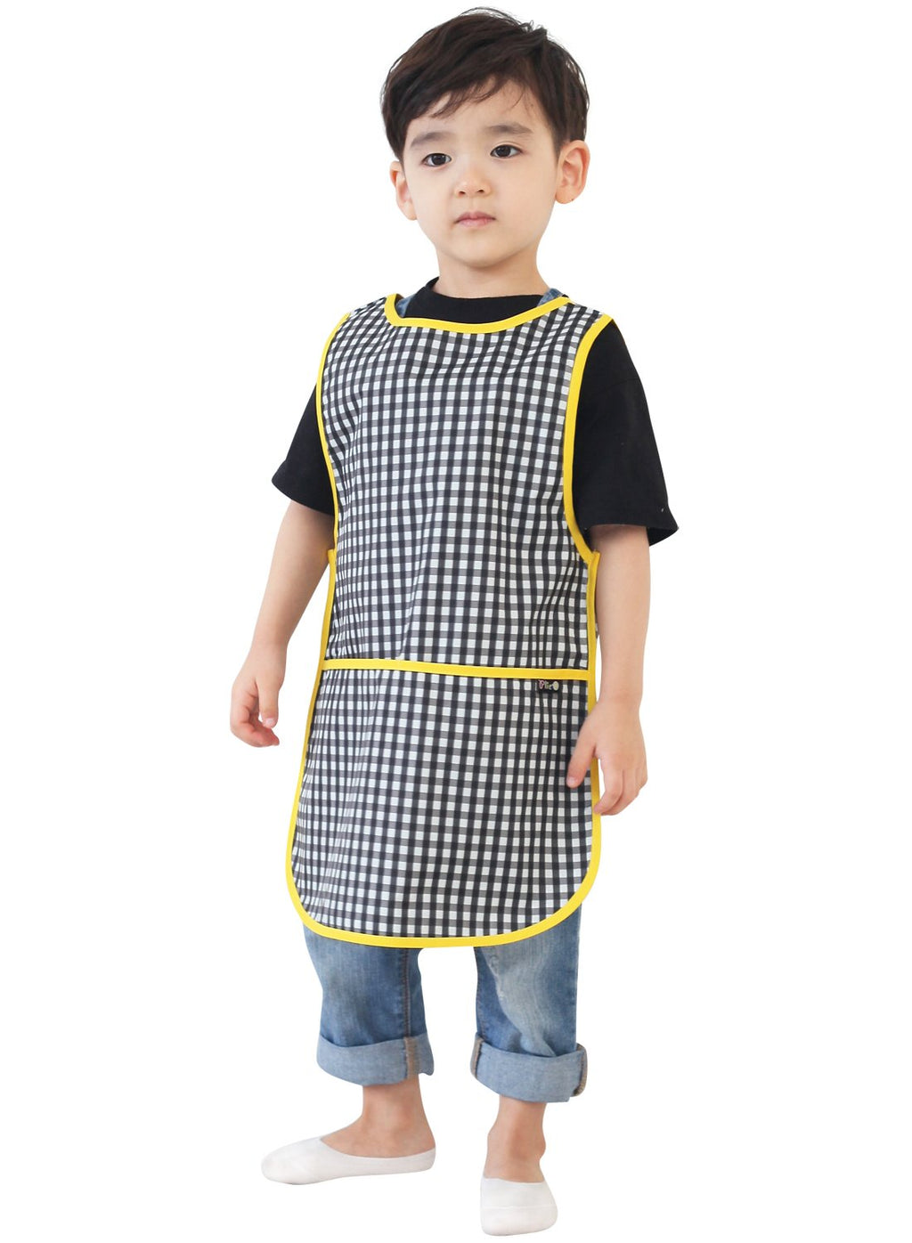 Plie Kids Painting Apron – Waterproof Art Smock for Toddlers & Preschoolers, Messy Play, Baking, Crafts, Cooking, Sensory Activities, Mealtime (Ages 1–10), Black Check (33-M)