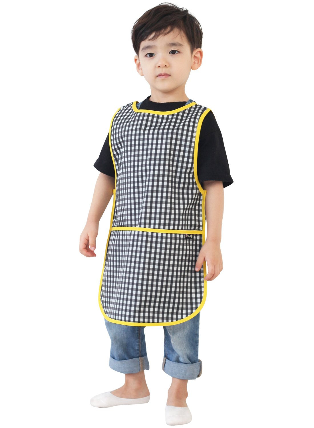 Plie Kids Painting Apron – Waterproof Art Smock for Toddlers & Preschoolers, Messy Play, Baking, Crafts, Cooking, Sensory Activities, Mealtime (Ages 1–10), Black Check (33-M)