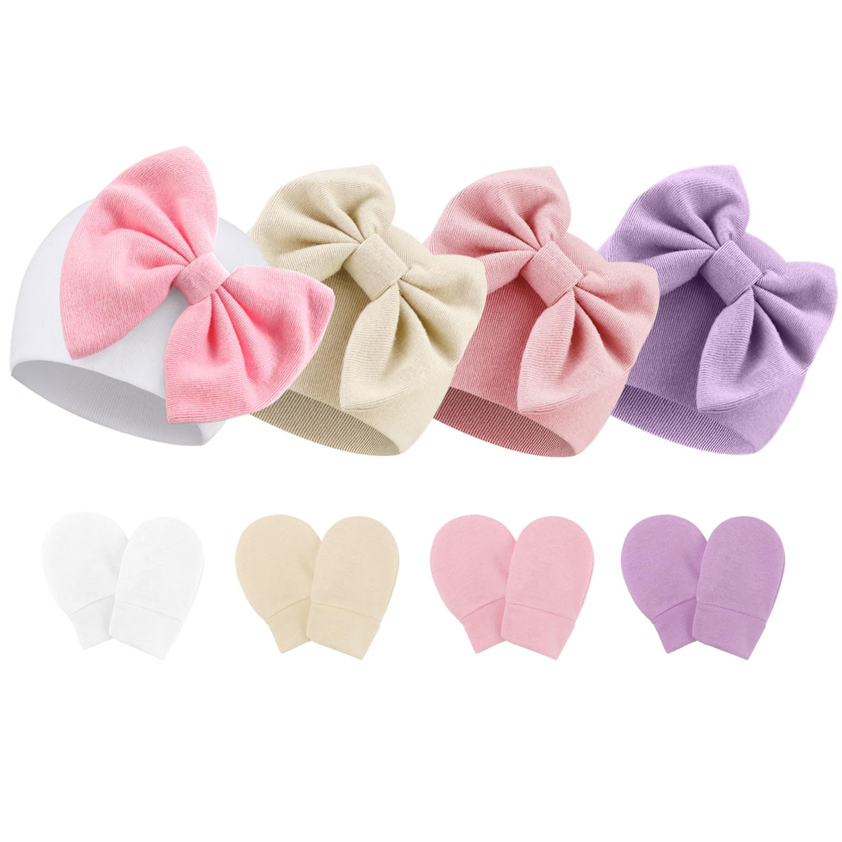 BQUBO Newborn Baby Hats Mittens Set Hospital Hat Beanie Infant Bow Hats Baby Cotton Gloves No Scratch Mittens for 0-6 Months