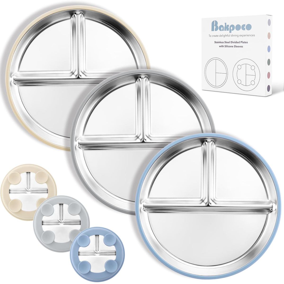 Bakpoco Stainless Steel Suction Plates for Toddlers, 9" Divided Kids Baby Plates with Removable Silicone Suction, Non Toxic Non Slip Portion Control Snack Dishes 4 Packs, Blue Green Purple Beige