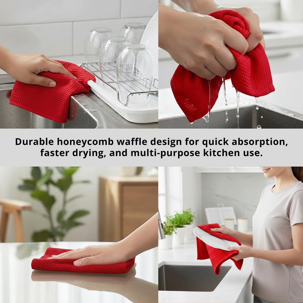 PurpleEssences Waffle Weave Kitchen Towel, 100% Cotton - 15x25 Inches with Hanging Loop, Ultra Soft Absorbent Quick Drying Dish Cloth, Tea and Hand Towels, 4 Pack - Spring Easter Summer - Red