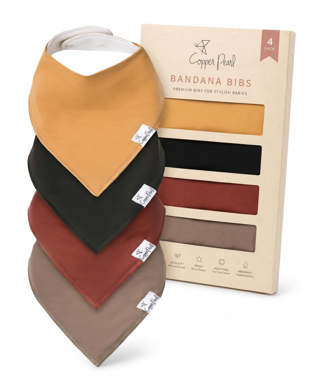 Copper Pearl Baby Bibs for Baby Boy or Girl – Bandana Drool Bibs for Teething, Absorbent Bibs for Eating, Newborn to Toddler, 4 Pack, Dune