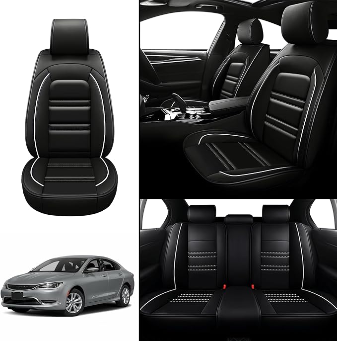 Seat Covers for Chrysler Car 200 2011-2017 | 5-Seats Leather Seat Covers, Easy to Install Automotive Seat Covers Full Set (Full Set, Black&White Line)