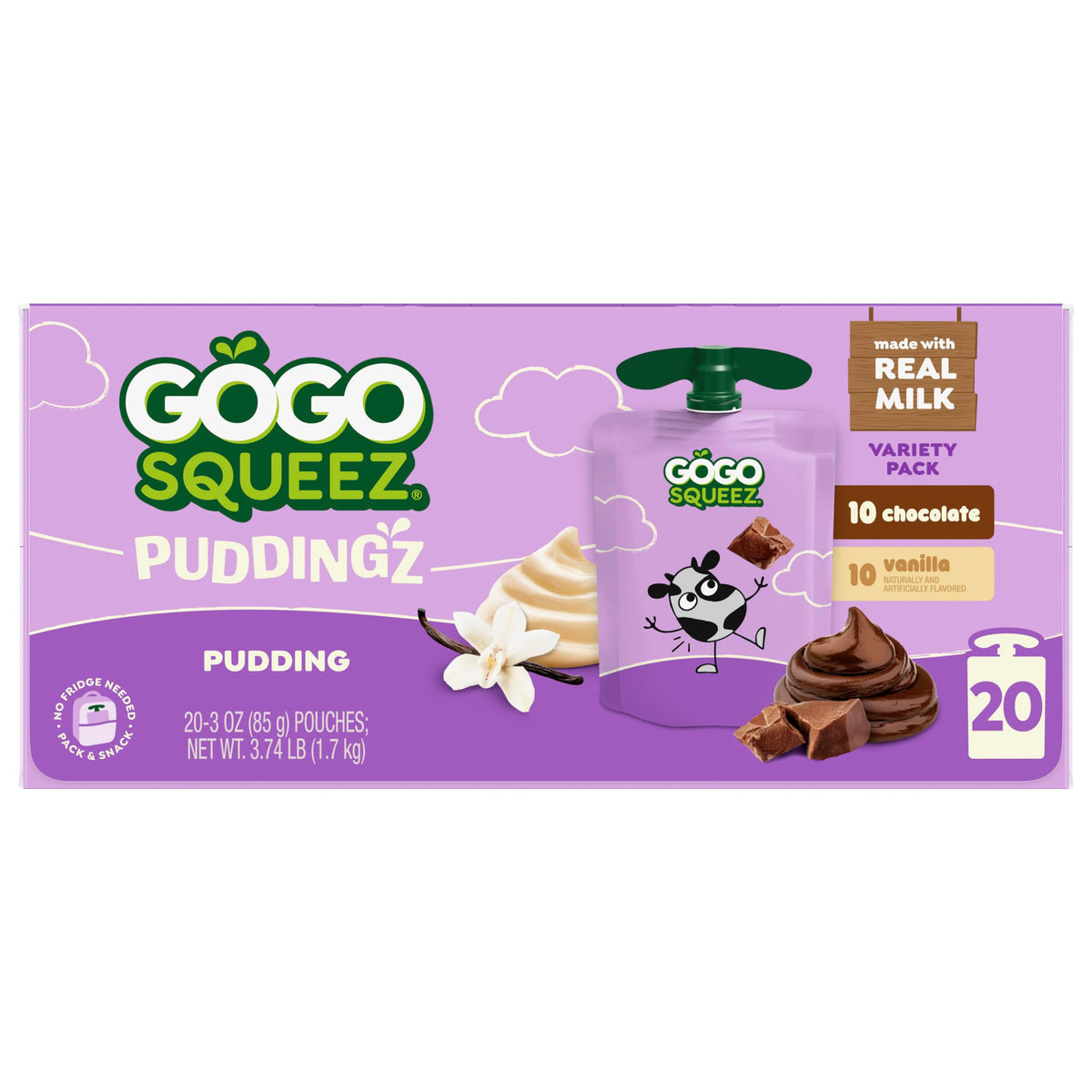 GoGo squeeZ On the Go PuddingZ Variety Pack, 3 oz Pouches, 20 Count