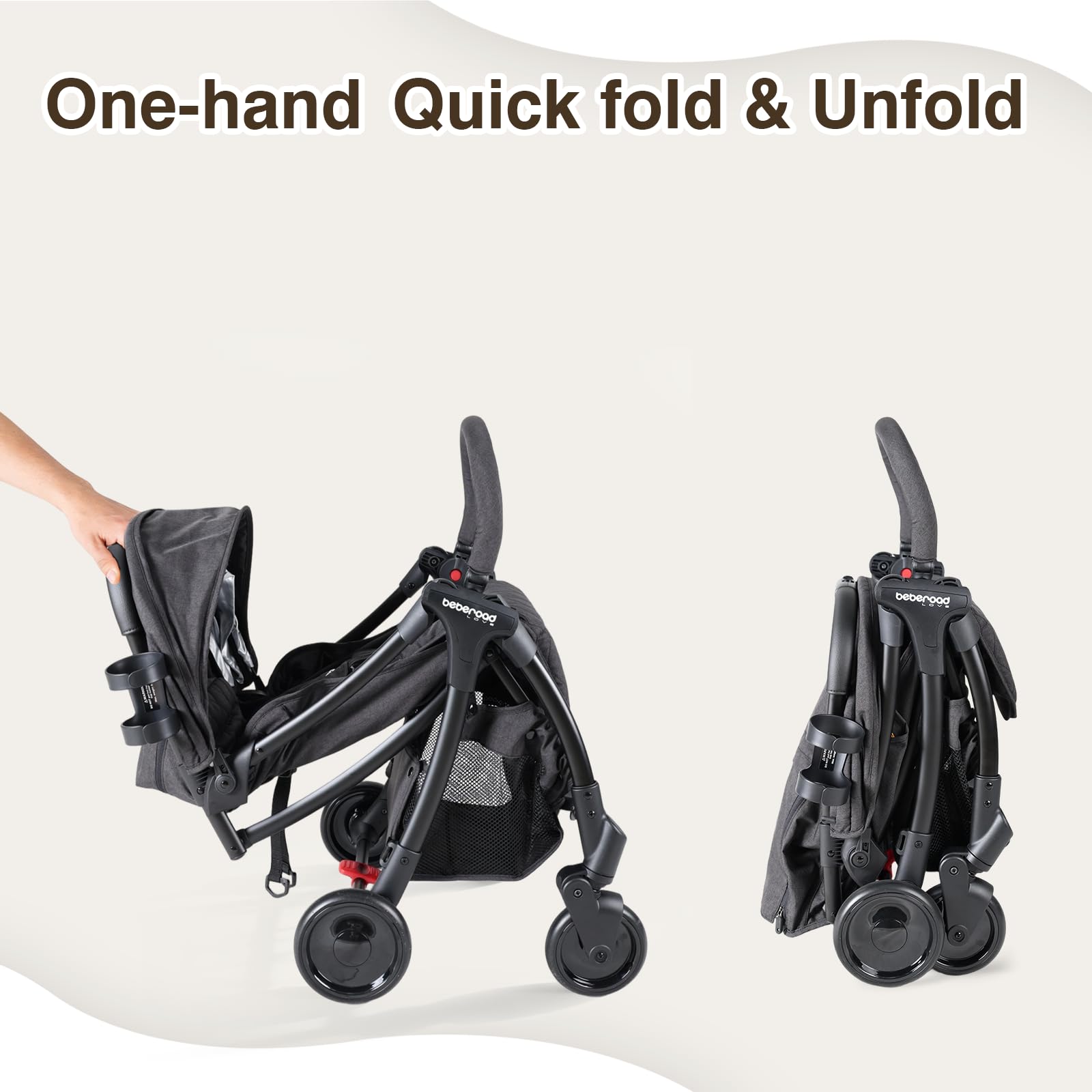 Beberoad Love R2 Travel Stroller for Airplane Small Compact Stroller Lightweight Baby Stroller, Foldable Infant Toddler Stroller with Cup Holder, Rain Cover and UPF 50+ Waterproof Canopy, Black