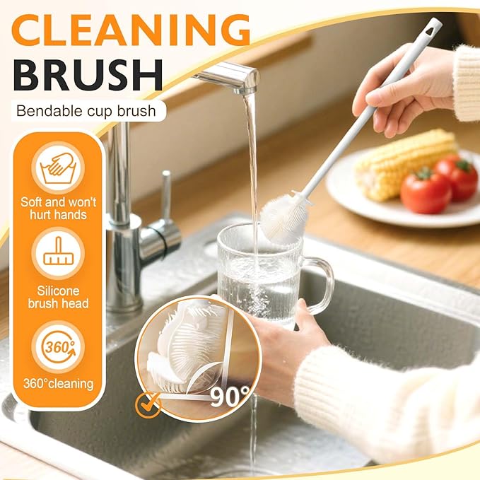 360° Flexible Silicone Bottle Brush with Long Handle,2025 New Multifunction Cleaning Foldable Cleaning Tool,Soft Bristle Silicone Cup Brush for Narrow Neck Bottles,Water Bottles (White/2pcs)