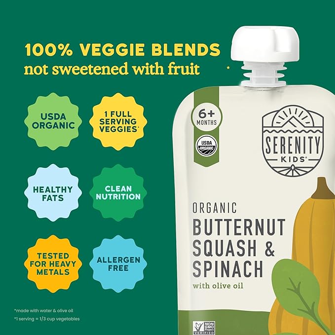 Serenity Kids 6+ Months Veggie Puree Baby Food Pouches - USDA Organic No Added Sugar - Butternut Squash & Spinach Blend - BPA & Allergen Free - 3.5 Oz, 6 Pack