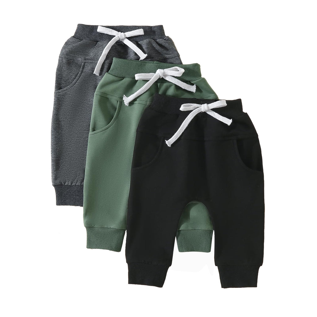 Sejardin Toddler Baby Boy Girl Pants 3 Pack Solid Color Elastic Waist Jogger Sweatpants Newborn Infant Casual Bottoms (Black Green Dark Gray, 18-24 Months)
