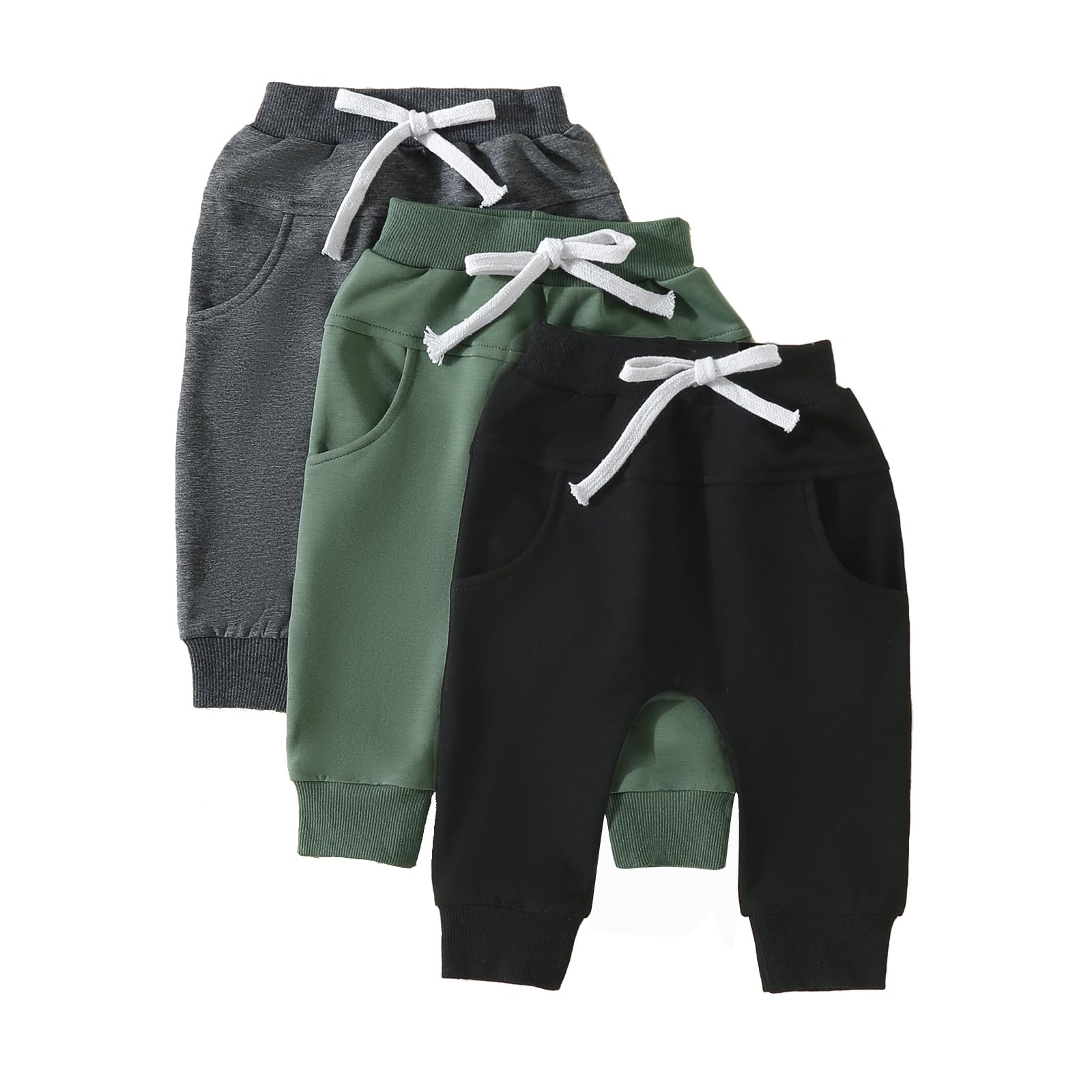 Sejardin Toddler Baby Boy Girl Pants 3 Pack Solid Color Elastic Waist Jogger Sweatpants Newborn Infant Casual Bottoms (Black Green Dark Gray, 18-24 Months)