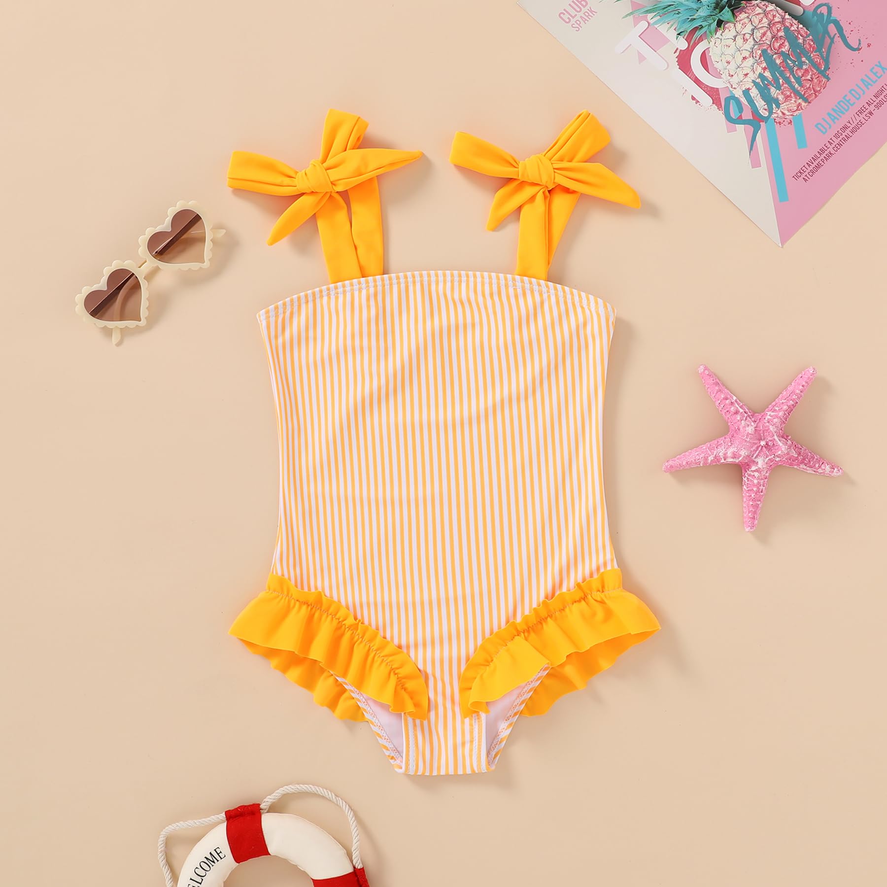 Happy Town Toddler Swimsuit Girl Solid Color Stripe One-Piece Baby Bathing Suits (Yellow Stripe, 9-12 Months)