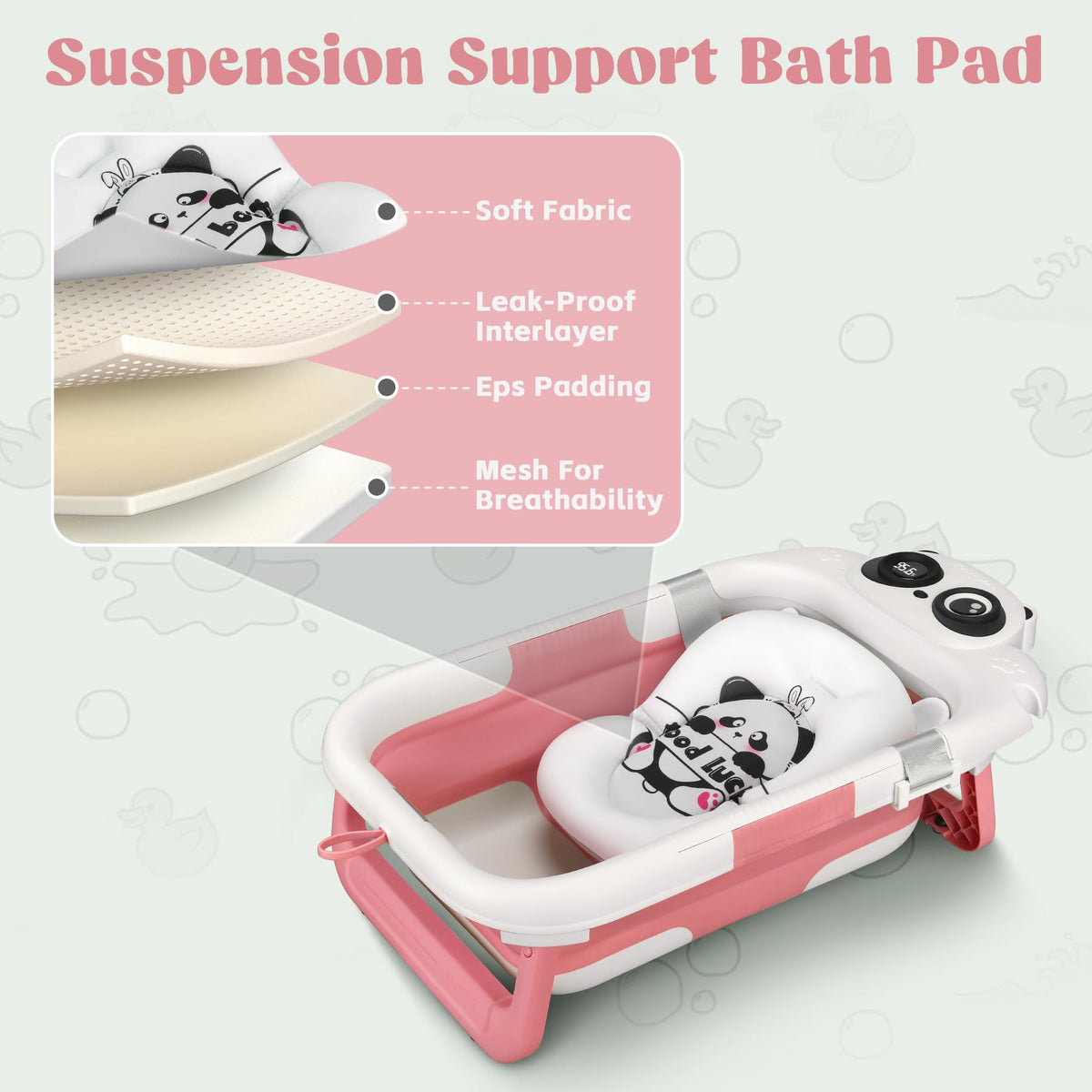 WXXM Foldable Baby Bathtub - 0-24M, Thermometer, Soft Cushion (Pink)