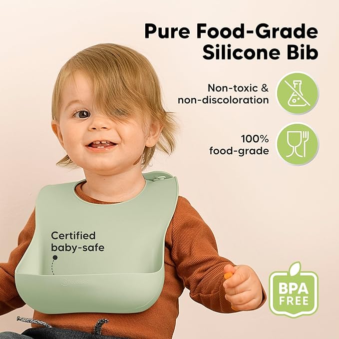 KeaBabies 2-Pack Silicone Baby Bibs for Eating - Sturdy Food-Grade Silicone Bibs for Babies Girl, Boy, Large Food Catcher, Clean & Put On Easily, Waterproof Toddler Feeding Essentials (Forest)