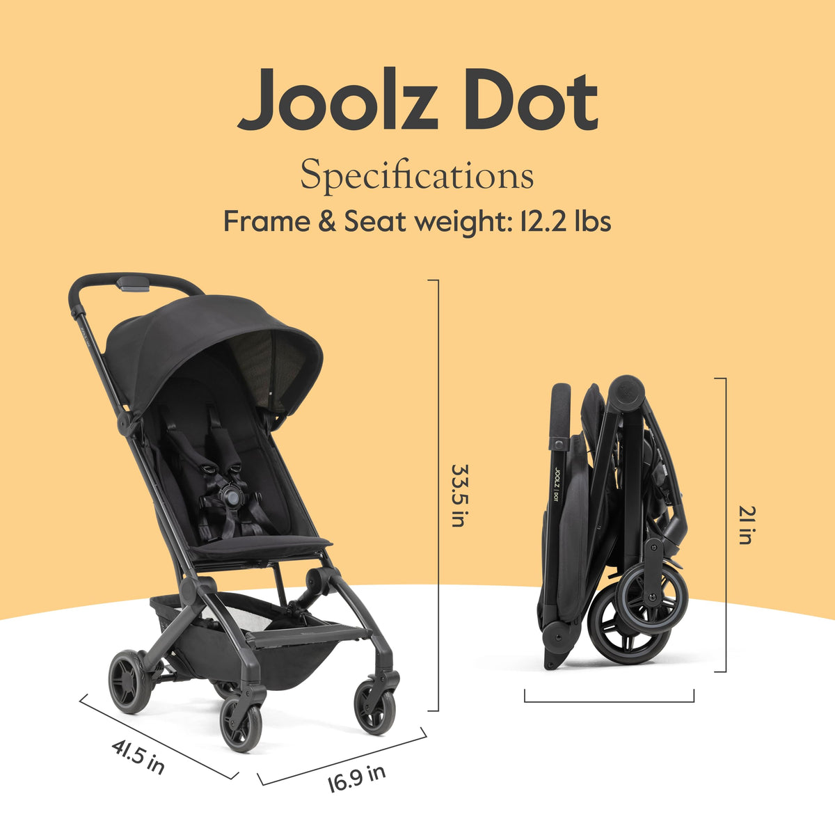Joolz Dot Ultra Lightweight Travel Stroller – Compact Fold, Airplane Compatible, 5-Point Harness, UPF 50+ Canopy – Easy to Carry City & Travel Stroller - Space Black
