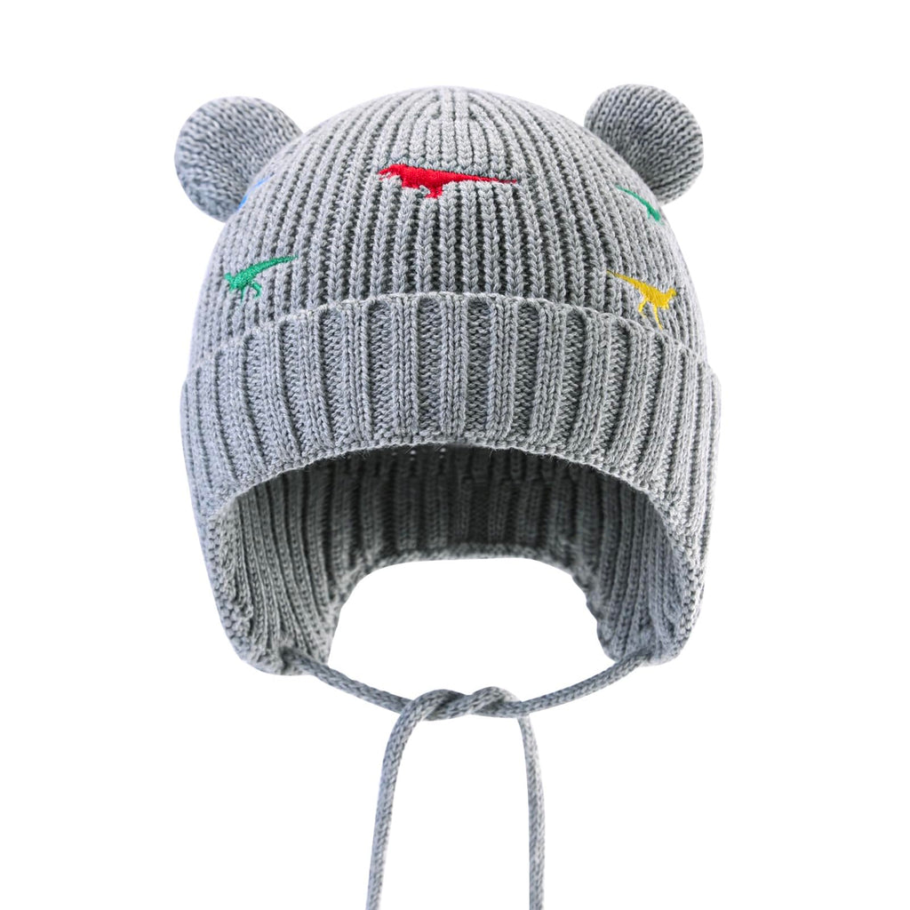 XIAOHAWANG Cute Bear Infant Winter Hat Toddler Knit Baby Beanie Boys Girls Dinosaur Beenies Hats with Ear Flaps(T-Grey,2-3 Years)