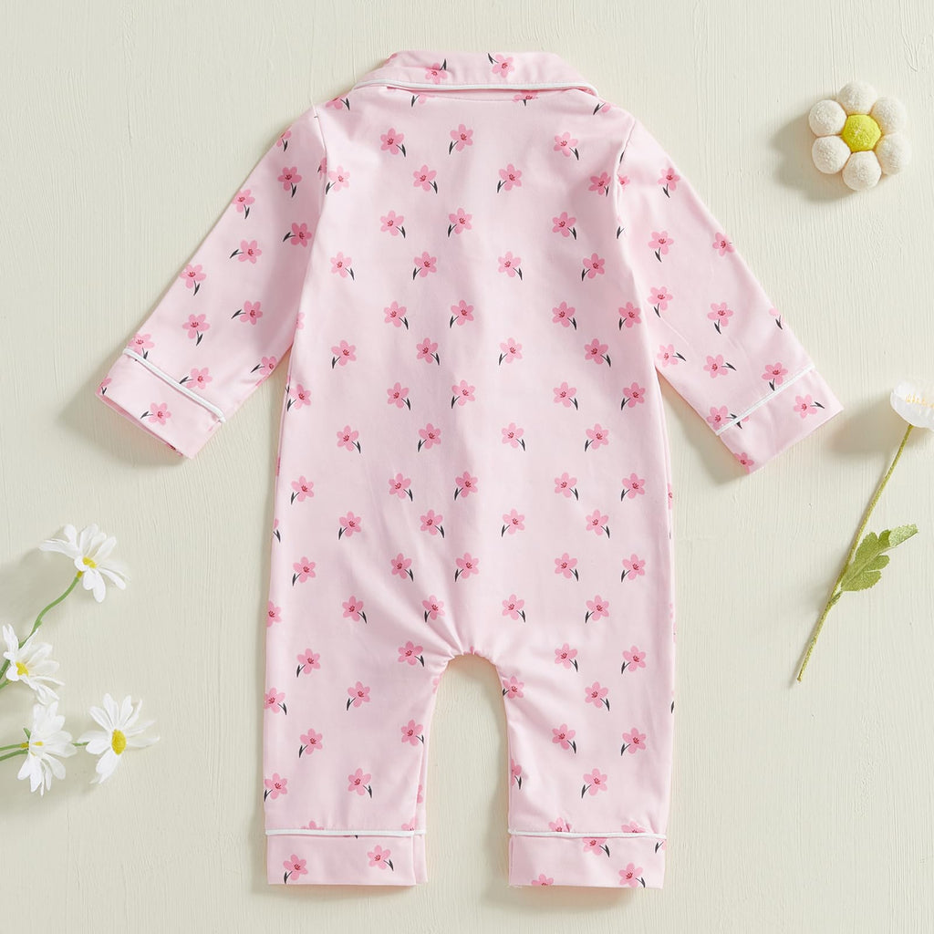 Balaflyie Baby Girl Button Down Pajamas Romper One-Piece Jumpsuit Long Sleeve Sleeper Infant Sleepwear (Wildflower&Pink,18-24 Months)
