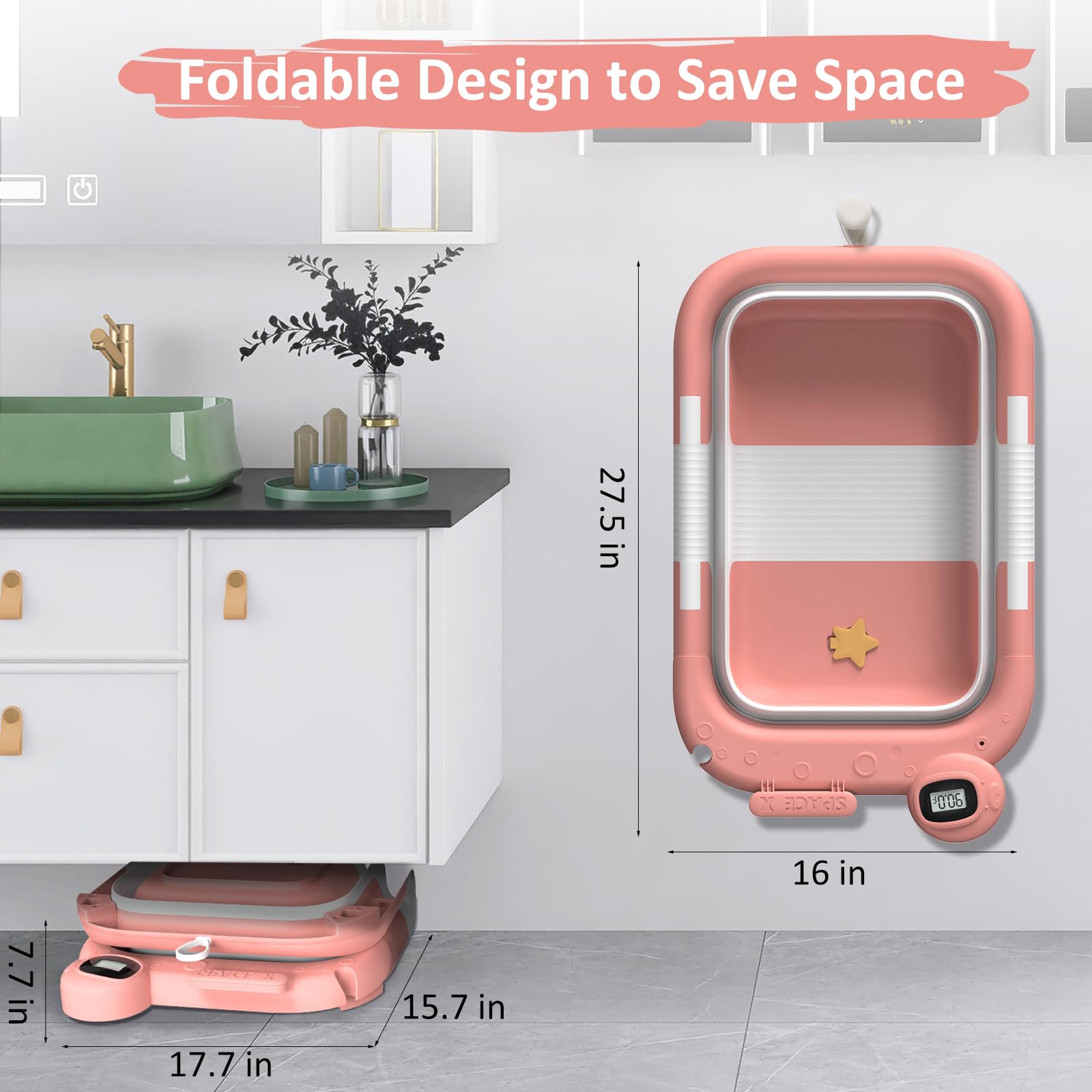 Collapsible Baby Bathtub for Newborn to Toddler (0-24 Months), Portable Baby Bath Tub for Travel, Newborn Bathtub with Soft and Supportive Cushion (Astronaut-Pink)