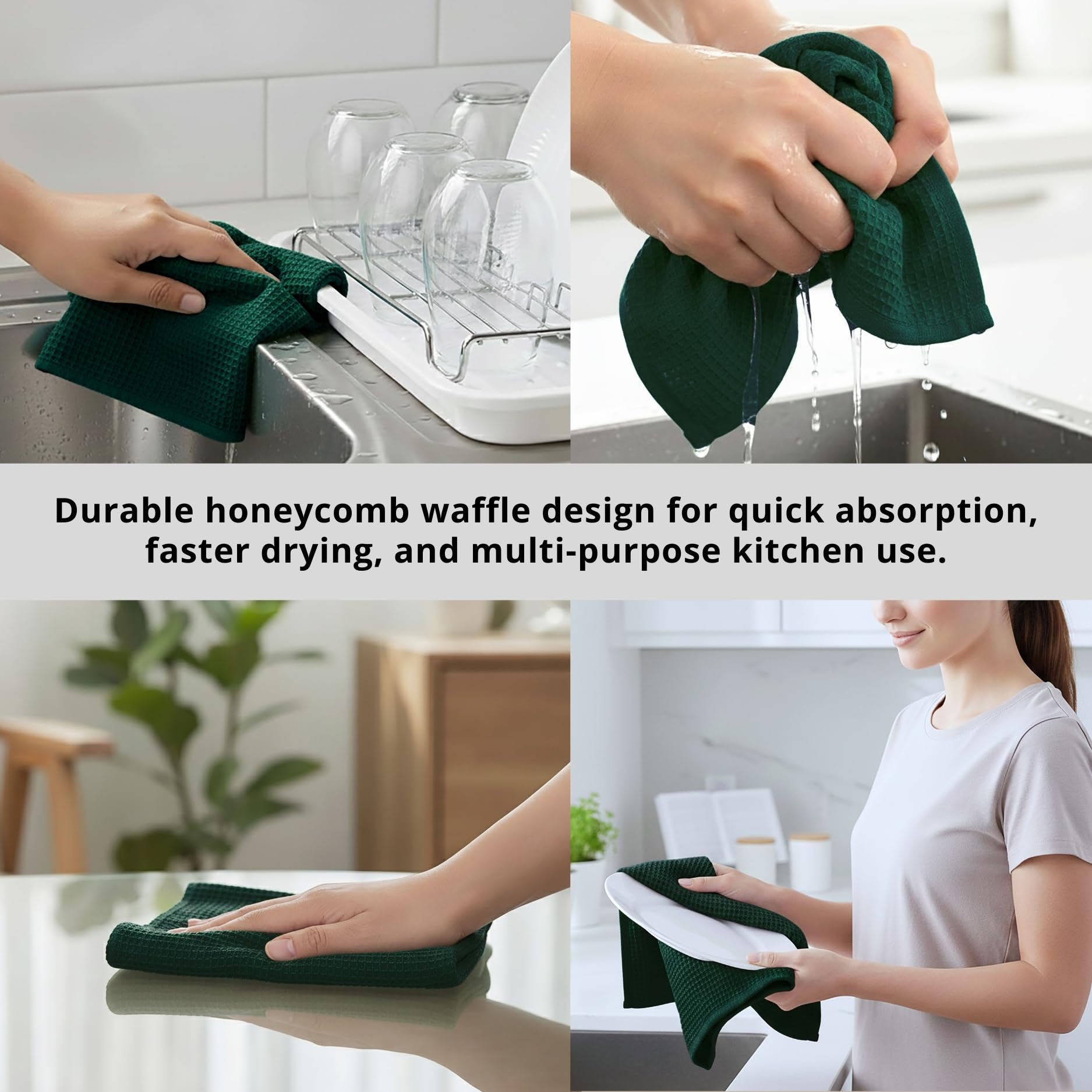 PurpleEssences Waffle Weave Kitchen Towel, 100% Cotton - 15x25 Inches with Hanging Loop, Ultra Soft Absorbent Quick Drying Dish Cloth, Tea and Hand Towels, 6 Pack - Spring Easter Summer - Green