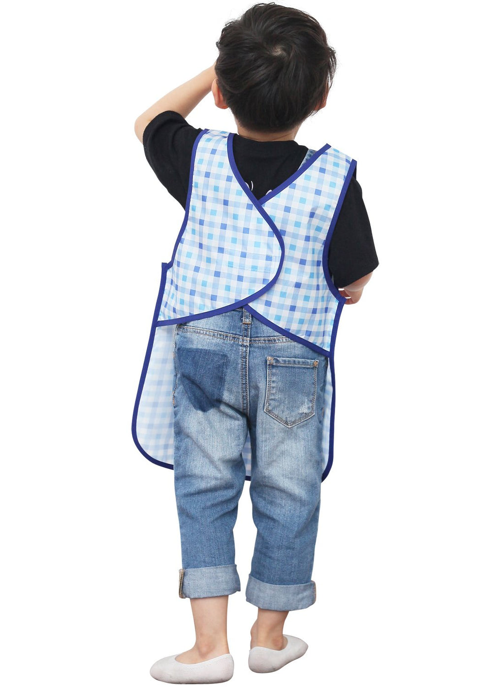 Plie Kids Painting Apron – Waterproof Art Smock for Toddlers & Preschoolers, Messy Play, Baking, Crafts, Cooking, Sensory Activities, Mealtime (Ages 1–10), Blue Check (16-L)