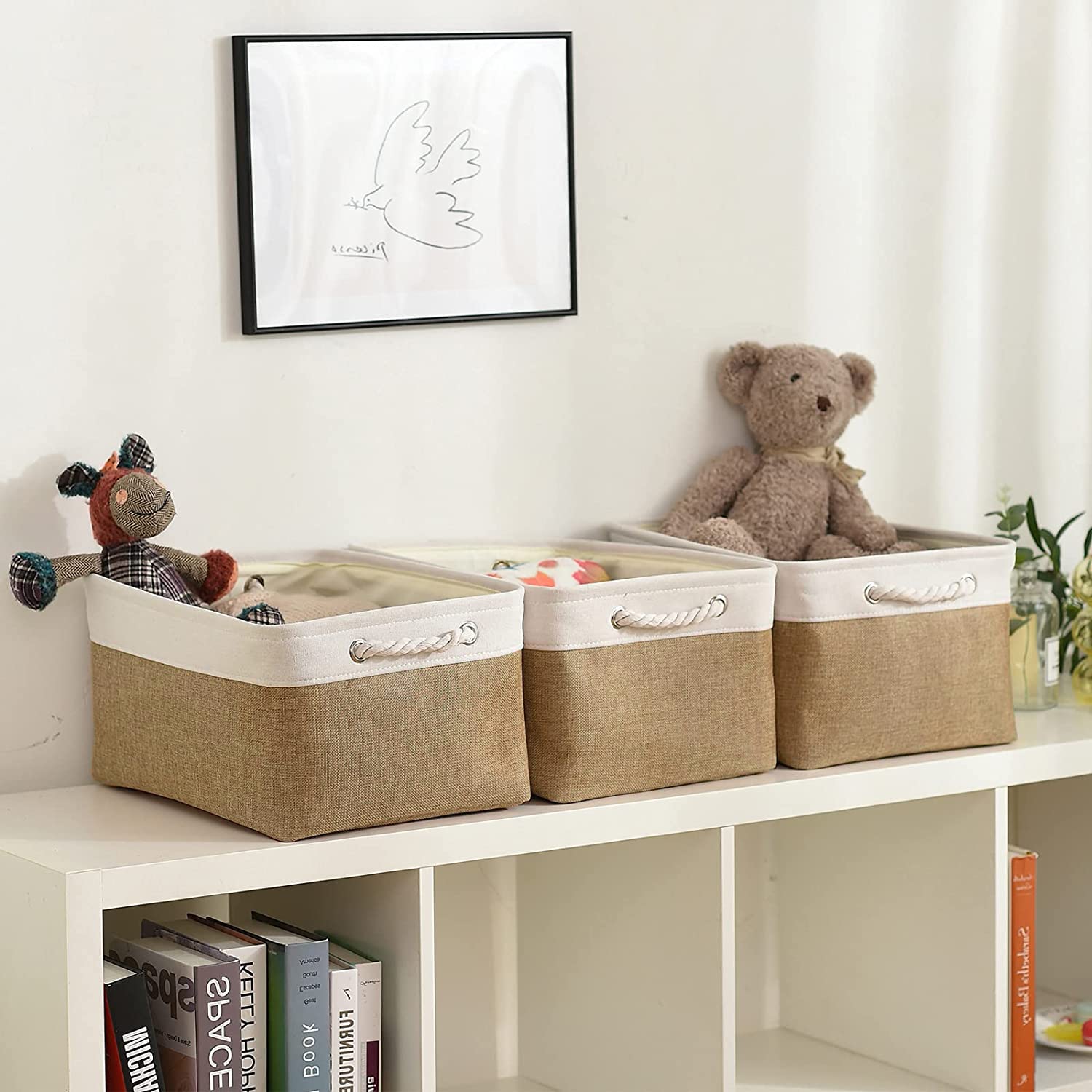 Sacyic Rectangular Fabric Storage Baskets for Organizing, Shelves, Decorative & Gift (White & Peru)