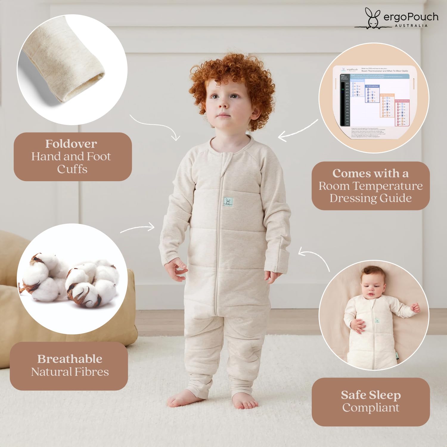 ergoPouch Sleep Onesie 2.5 TOG – Warm Baby Romper & Sleep Layer with Full-Zip, Guarding Against Blankets, Breathable & Movement-Friendly, Ideal for Transitional Sleeping (6-12 Months, Oatmeal Marle)