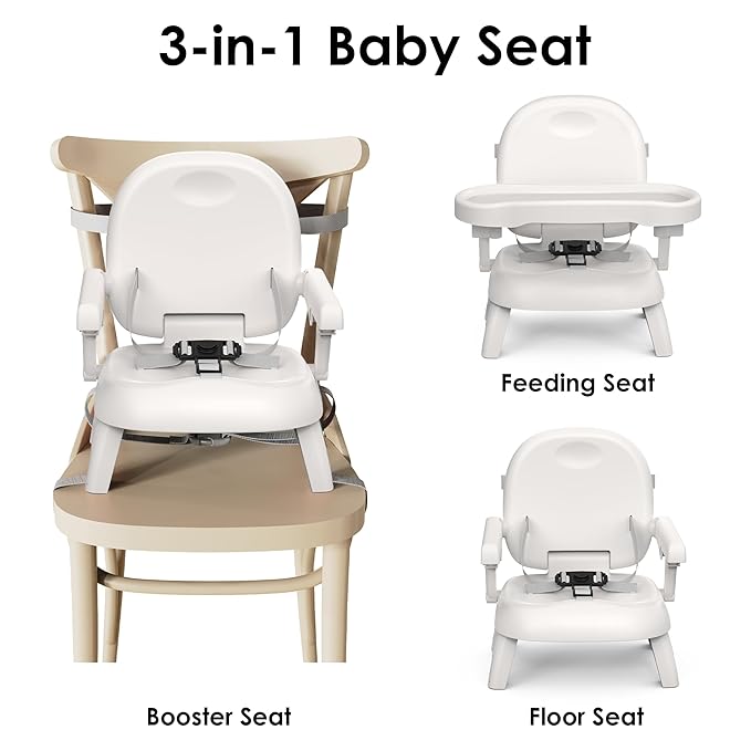 Premium Bella’s Friends 3-in-1 Toddler Booster Seat for Dining Table and Kitchen Chair with Adjustable Tray and Safety Straps, Foldable&Portable Baby Seat for Travel, Feeding, and Floor Use, Gray