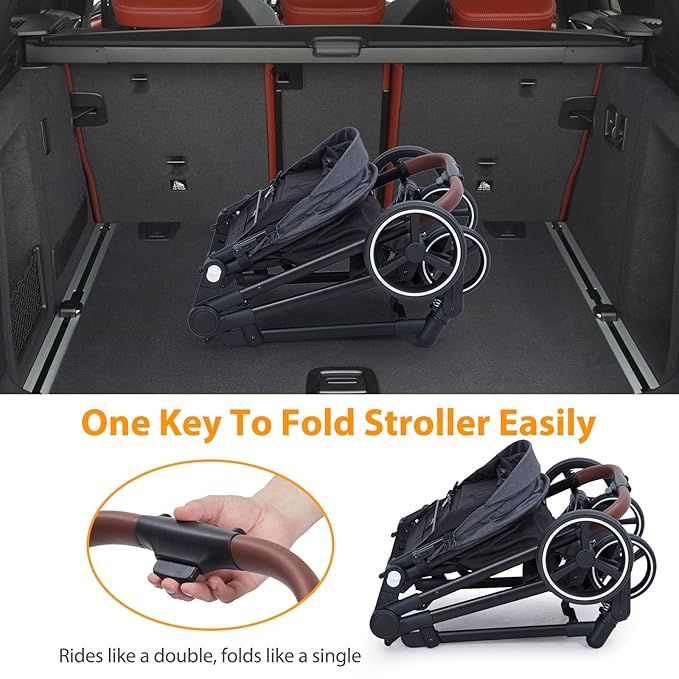Tandem Double Stroller Newborn and Toddler, Foldable Twin Stroller with Reversible Seat, 5-Point Safety Harness, Adjustable Backrest & Canopy, Storage Basket, Dark Grey