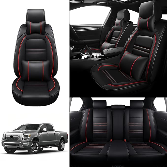 Car Seat Covers for Nissan Car Titan 2004-2024 | 5-Seats Seat Covers, Waterproof Seat Protectors, Automotive Seat Covers (Full Set with Pillow,Black&Red Line)