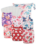 Babygoal Baby Cloth Diaper 6 Pack with 6pcs Inserts and Wet Bag for Fitted Diapers and Prefolds, Adjustable and Reusable Covers for Toddler Boys and Girls