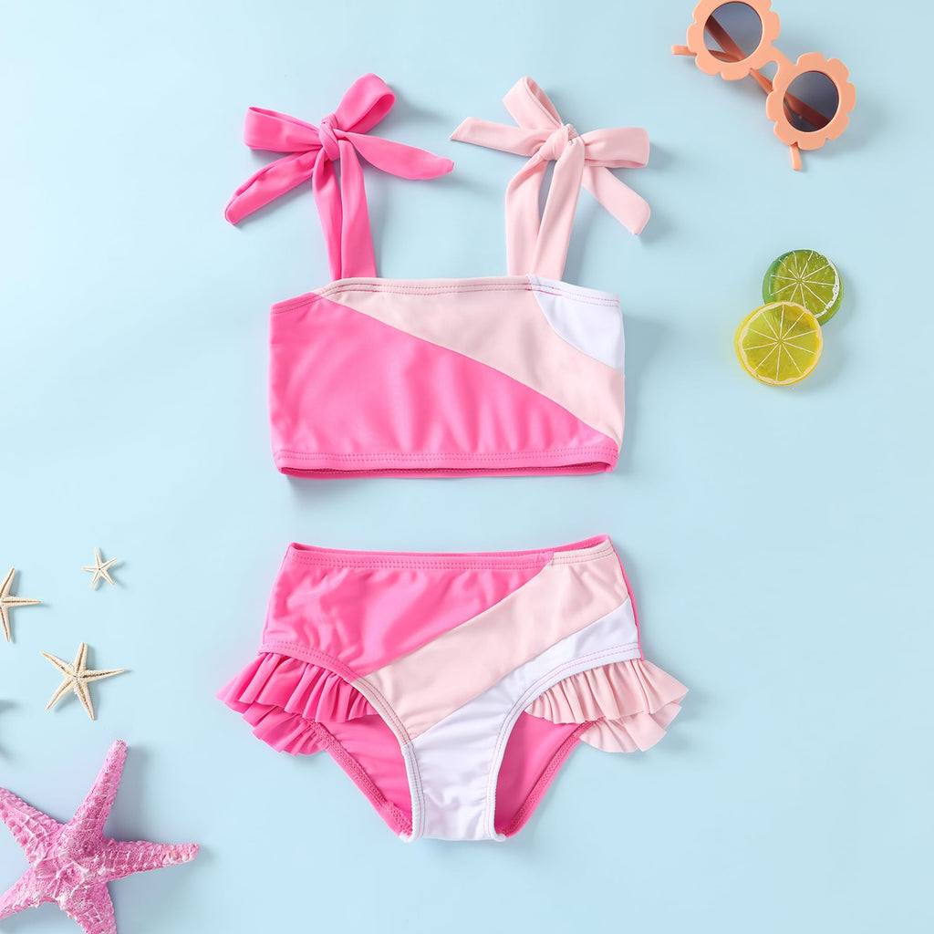 YOUNGER TREE Toddler Girls Two Pieces Swimsuit Color Block Stripe Swimwear Summer Beach Bathing Suit (S Red 4-5T)