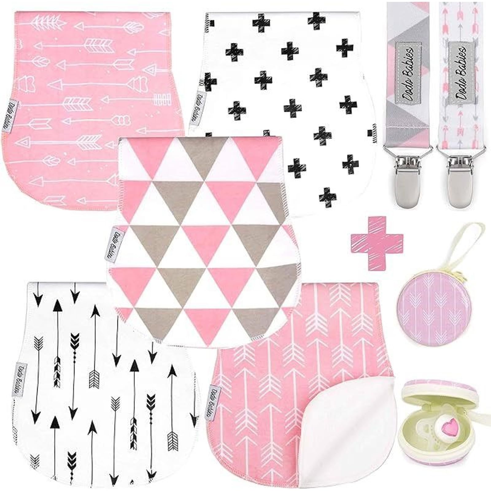 Dodo Babies Burp Cloths for Babies - Soft Cotton Front & Fleece Back - Contoured Fit for Newborn Essentials - Pack of 5, 2 Pacifier Clips, Pacifier Case, 19 x 9 in