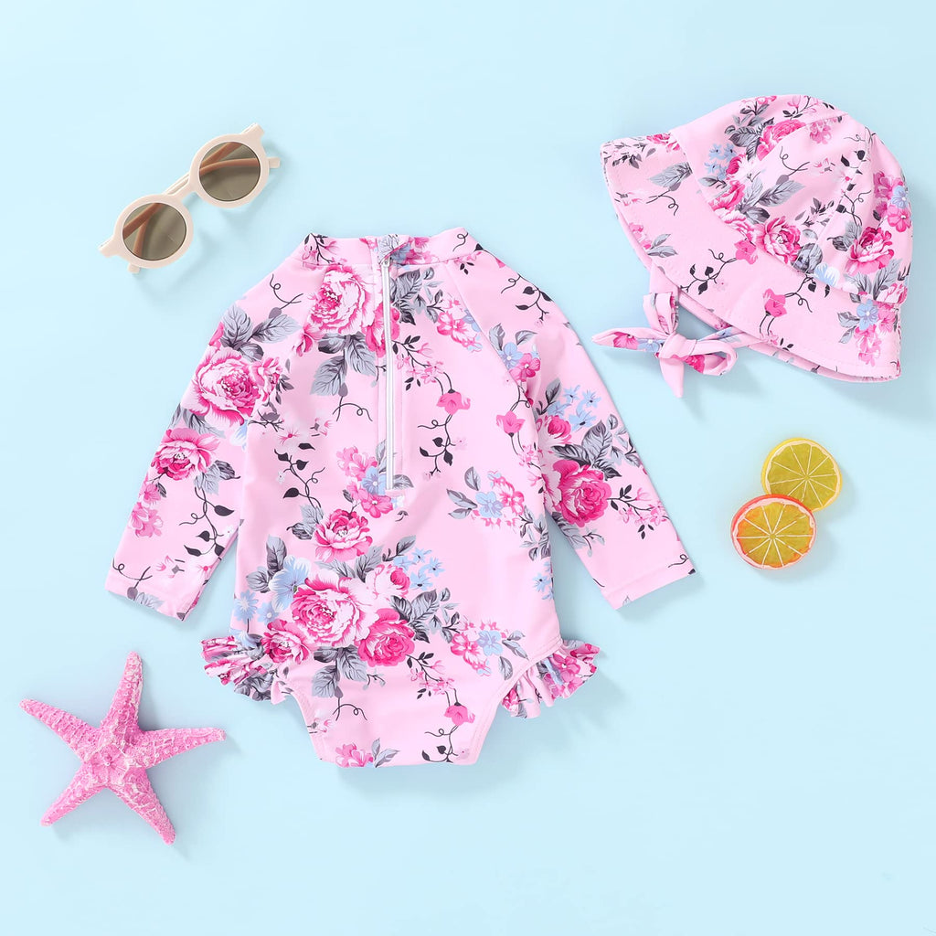 Infant Baby Girl Swimsuit One-Piece Long Sleeve Rash Guard with Hat Set Floral Zipper Bathing Suit Leopard Beach Wear(0-3 Months, Flower#4)