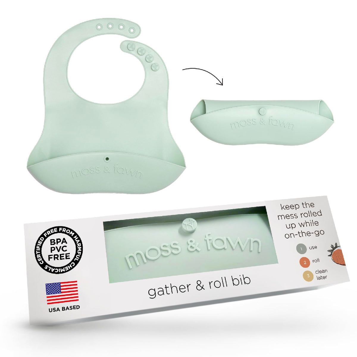 Moss and Fawn Gather & Roll Bib - Silicone Baby Feeding Bib - Ecru