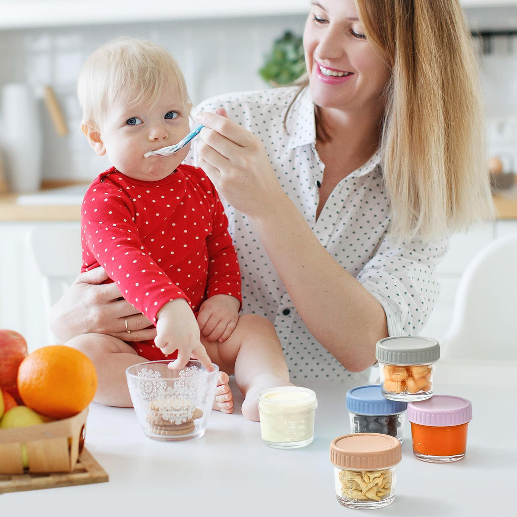 DRKIO 12 pcs Baby Food Storage Containers 4 Oz Small Glass Jars with Lids