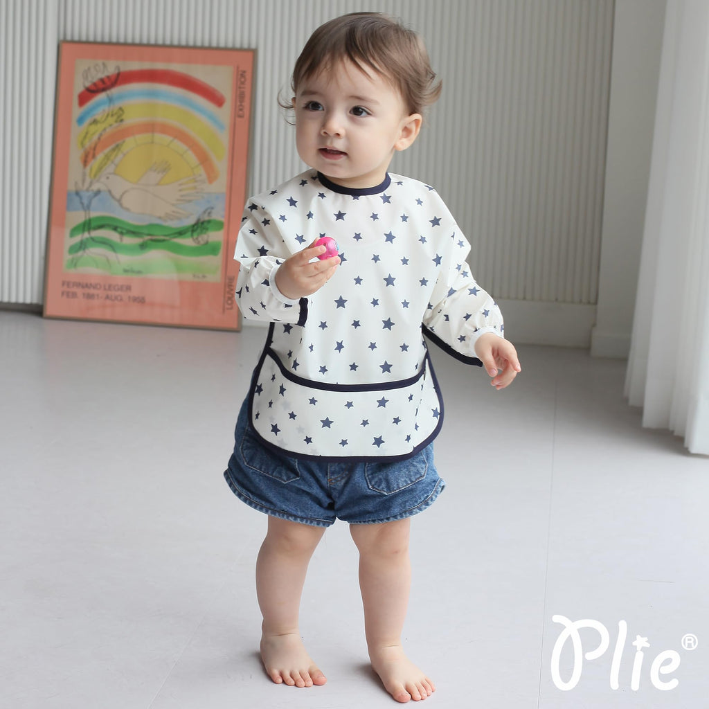 Plie Long Sleeve Waterproof Bib for Toddlers – Soft Feeding Smock for Baby Mealtime, Self-Feeding, Painting & Messy Play, BPA-Free, Easy Clean (6–24 Months) - Blue/Puppy