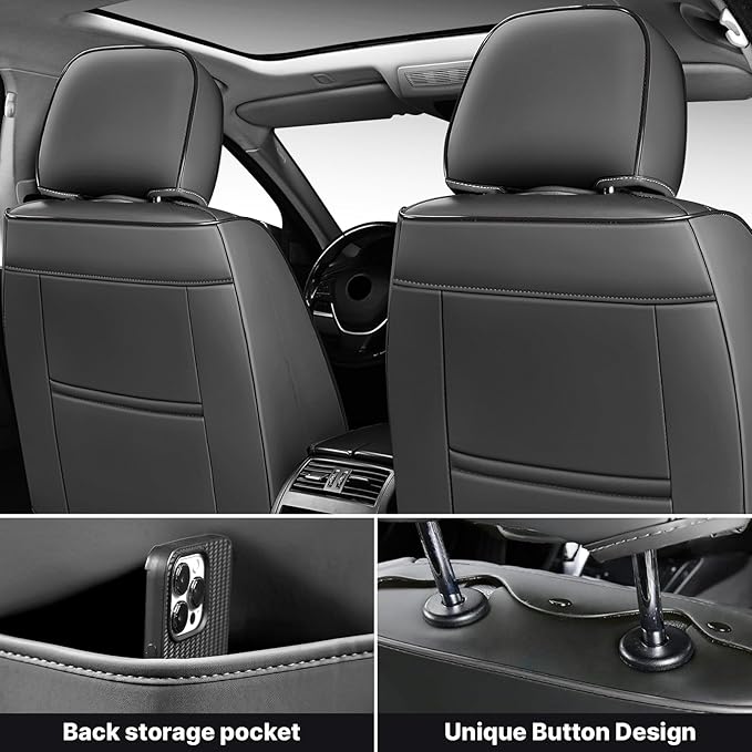 Car Seat Cover Full Set, Waterproof Leather Seat Cover,Front Auto Seat Cover, Car Seat Cushion, Full Coverage Car Seat Protector Universal Fit Most Cars (2 Seat-Headrest,Black)