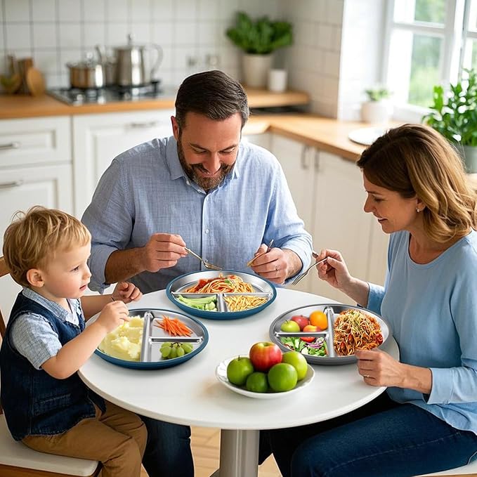 BUSOHA 2 Pack Stainless Steel Kids Plate with Suction - 9” Divided Toddler Baby Plates with Silicone Sleeves 2-in-1 Anti Breakage Metal Toddler Bowls Microwave Dishwasher Safe