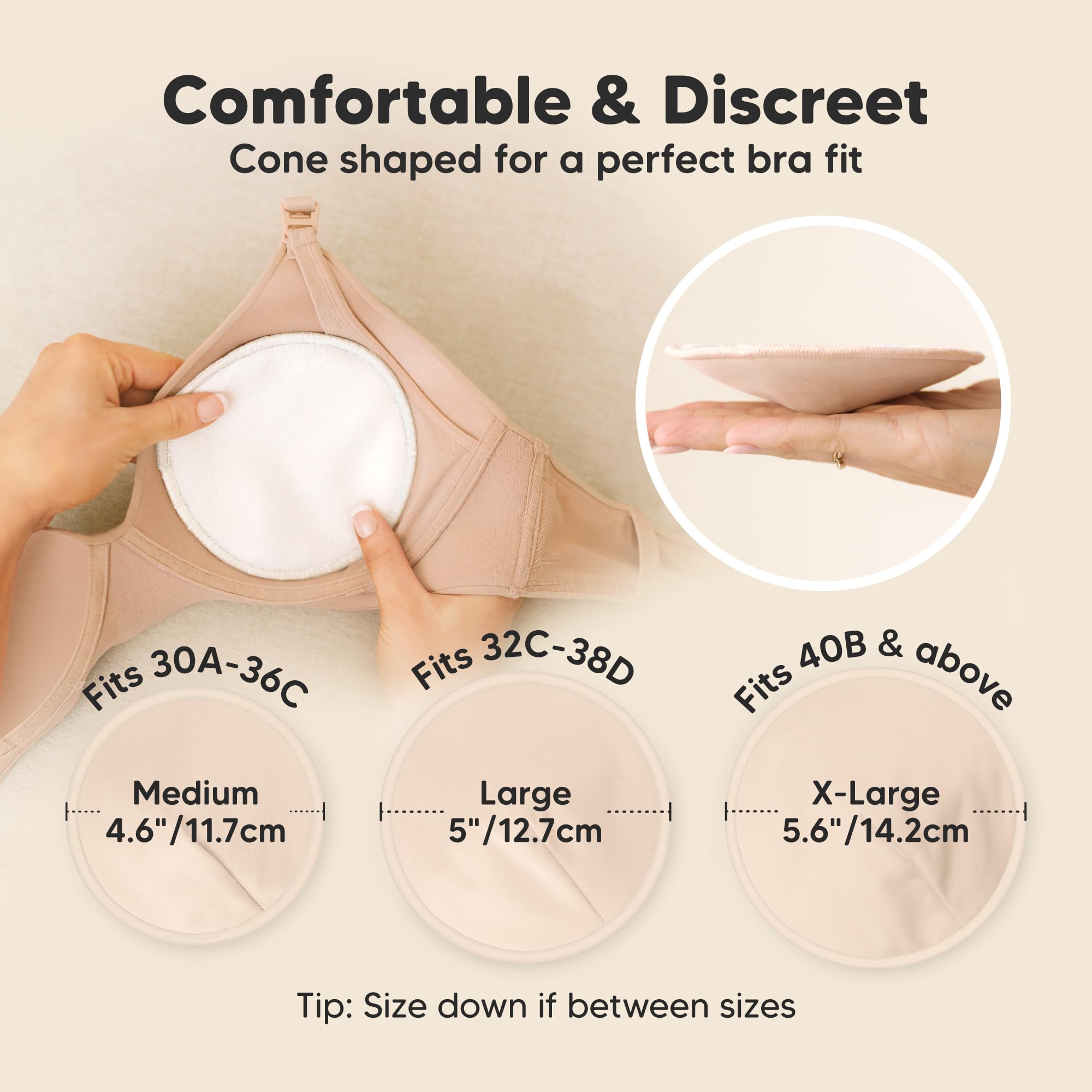 Organic Nursing Pads, 14 Washable Breast Pads,Wash Bag (Bare Beige, L 5")