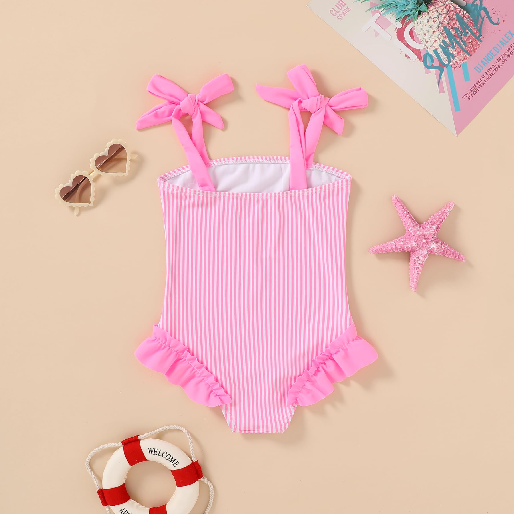 Happy Town Toddler Swimsuit Girl Solid Color Stripe One-Piece Baby Bathing Suits (Rose Red Stripe, 3-4 Years)