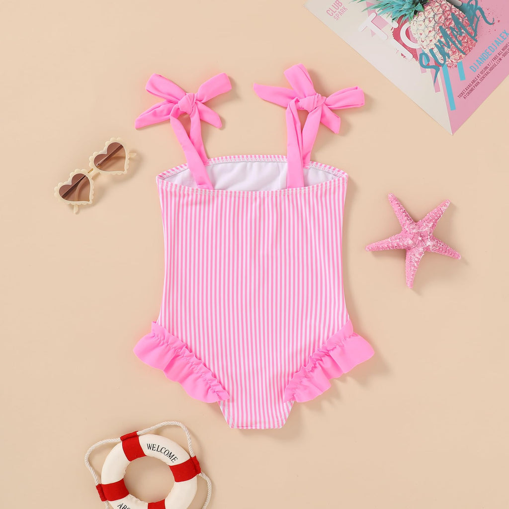 Happy Town Toddler Swimsuit Girl Solid Color Stripe One-Piece Baby Bathing Suits (Rose Red Stripe, 9-12 Months)