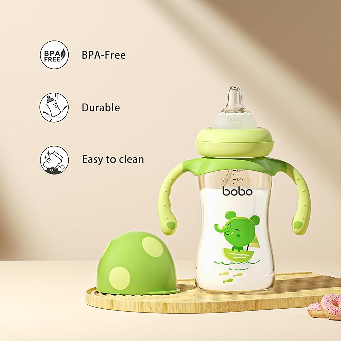 YOHKOH Natural PPSU Baby Bottle with Natural Response Nipple, Newborn Anti-Colic Baby Bottles with Handle, Wide Neck Mushroom Cap Baby Bottle (8.8oz (Pack of 2), Green)