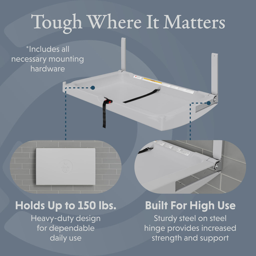 Foundations Elements Horizontal Wall-Mounted Baby Diaper Changing Station, Heavy Duty Stainless Steel Hinge, Oversized Changing Surface, Easy Installation, Gray (300-EH-01)