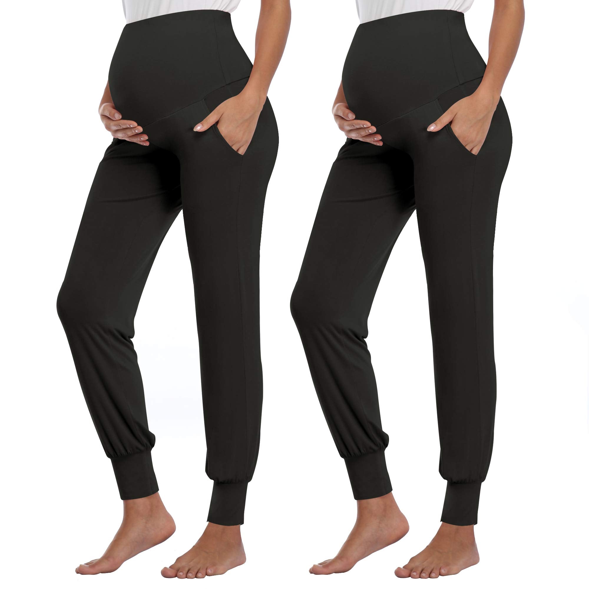 AMPOSH Women's Maternity Pants Stretchy Lounge Workout Sweatpants Casual Loose Comfy Pregnancy Joggers with Pockets(Black/Black, S)