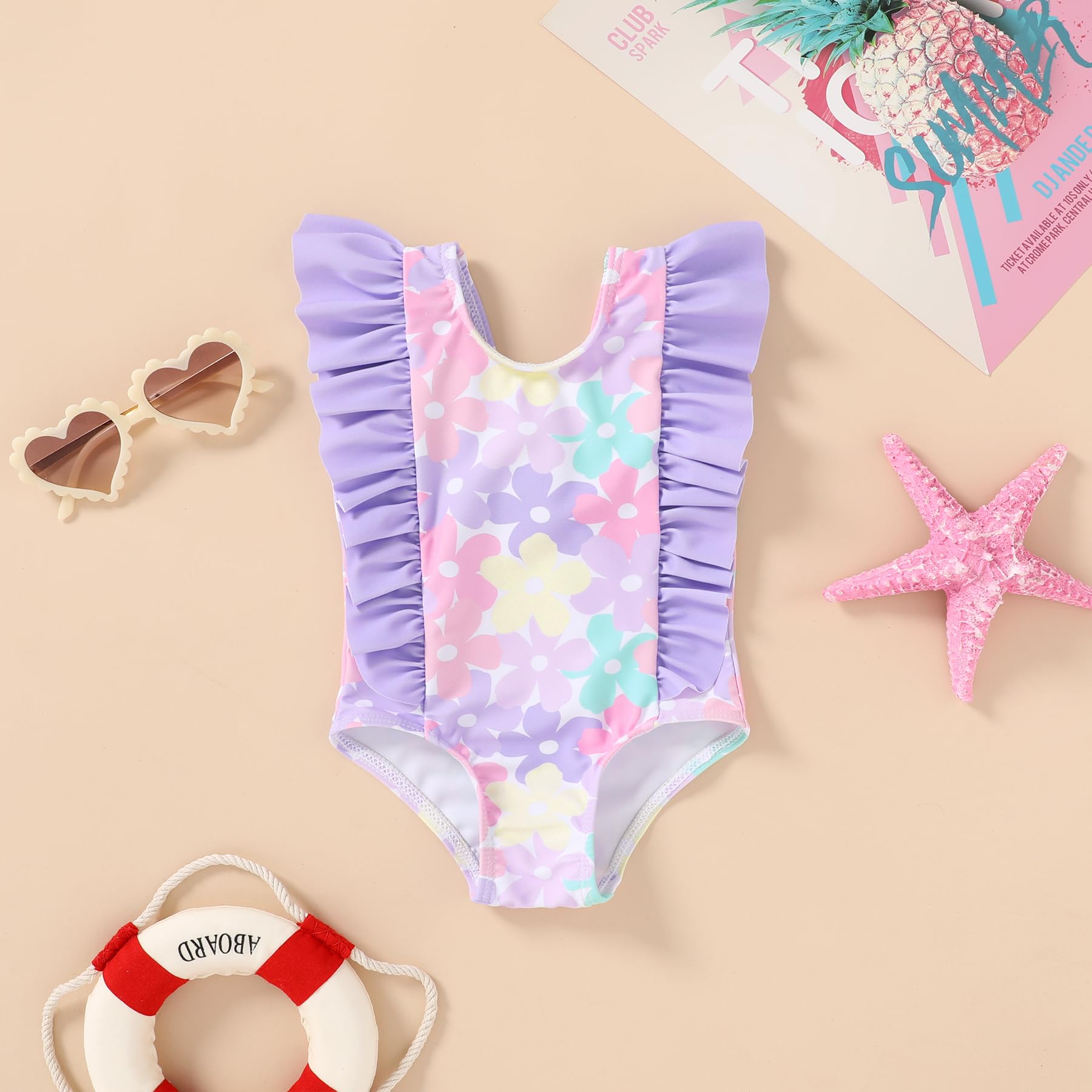 Newborn Baby Girl Ruffle Swimsuit Infant Toddler One Piece Floral Bikini Beach Bathing Swimwear Set(Flower Purple,18-24 Months)