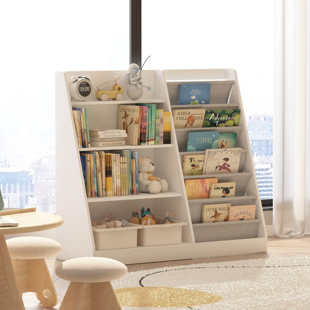 HedoAjim White Kids Bookshelf Wood Toy Storage Organizer Cabinet Children Bookcase Toddler Baby Sling Book Rack Adjustable Shelf for Playroom Bedroom Nursery Hallway School Kindergarten