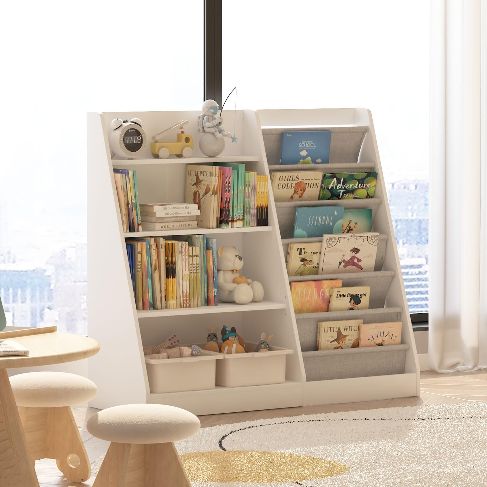 HedoAjim White Kids Bookshelf Wood Toy Storage Organizer Cabinet Children Bookcase Toddler Baby Sling Book Rack Adjustable Shelf for Playroom Bedroom Nursery Hallway School Kindergarten
