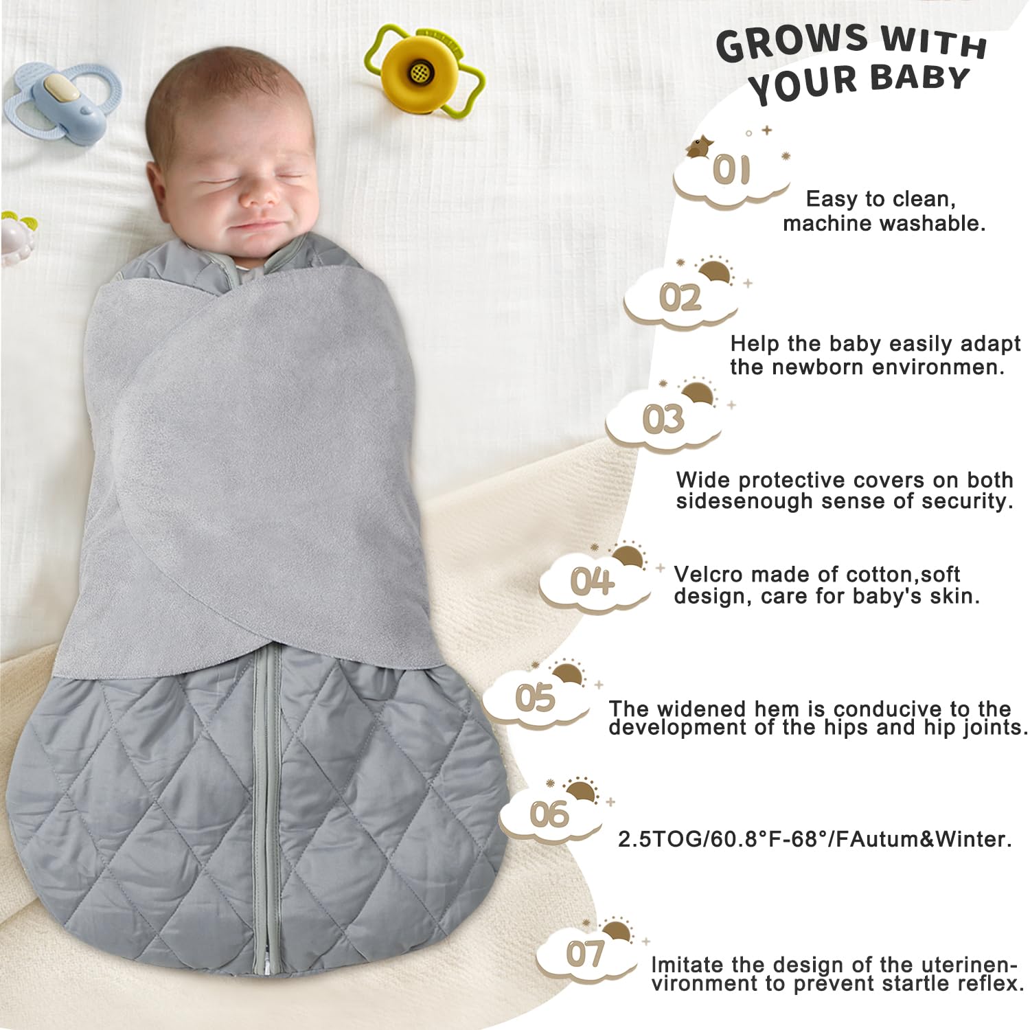 BSTOPPT Newborn Sleep Sack Baby Swaddle,3-Way Adjustable Wearable Blanket,Swaddling Sleeping Bag,TOG 2.5 (Gray, 3-6 Months)