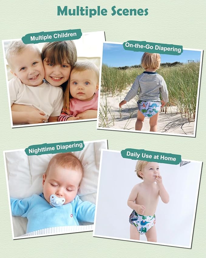 babygoal Dinosaur Cloth Diapers Pack of 13, Baby Reusable Washable Pocket Nappy, 6pcs Diapers+6pcs Rayon from Bamboo Inserts+Wet Bag 6FB16-MB-B
