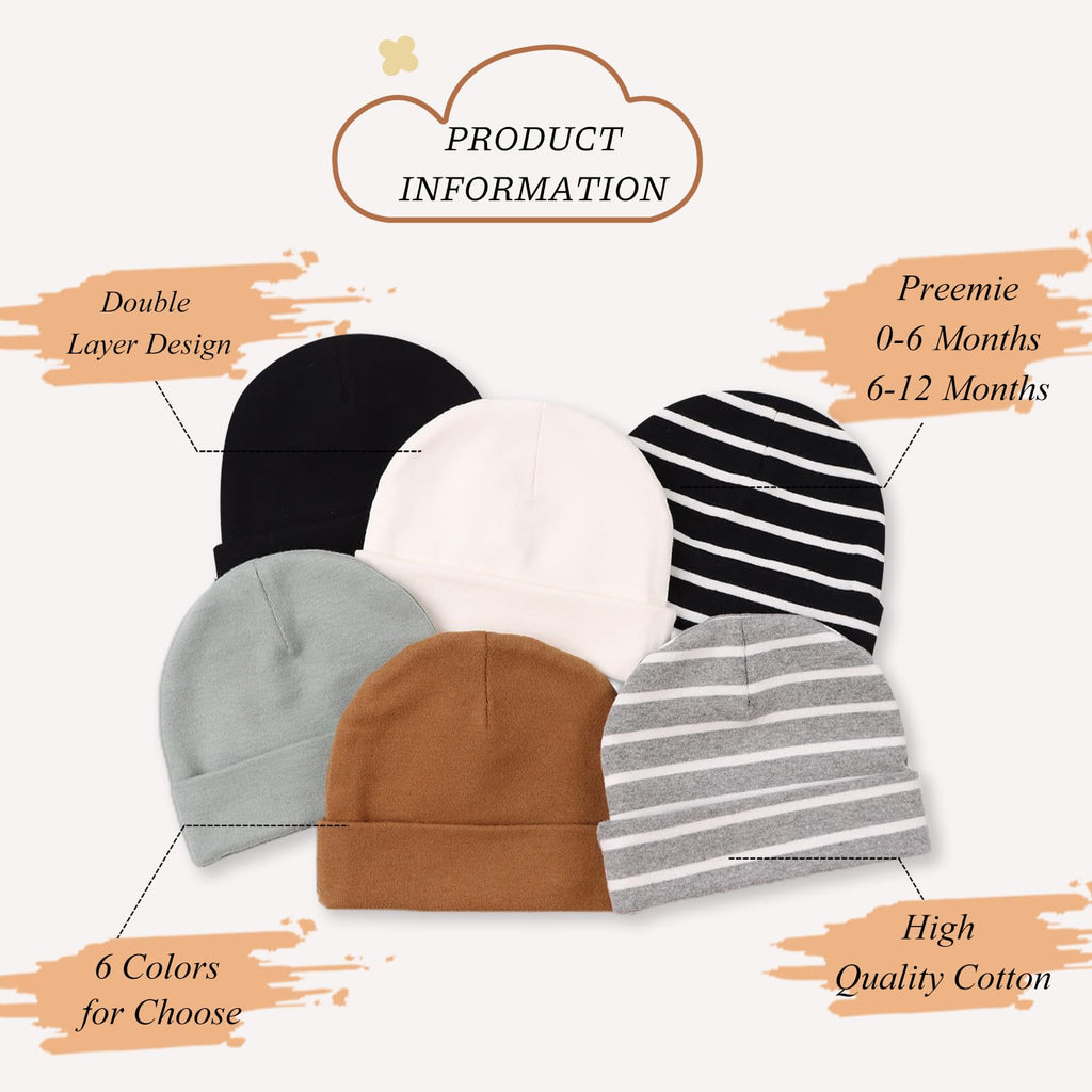 Bamery Cotton Baby Girl Hat Preemie Boys Beanie Newborn Hospital Hats Winter Infant Hats for Girls (6PACK-A, 6-12 Months)